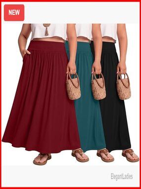 Plus Size Maxi Skirt A Line High Waist Pockets Casual Flowy Summer